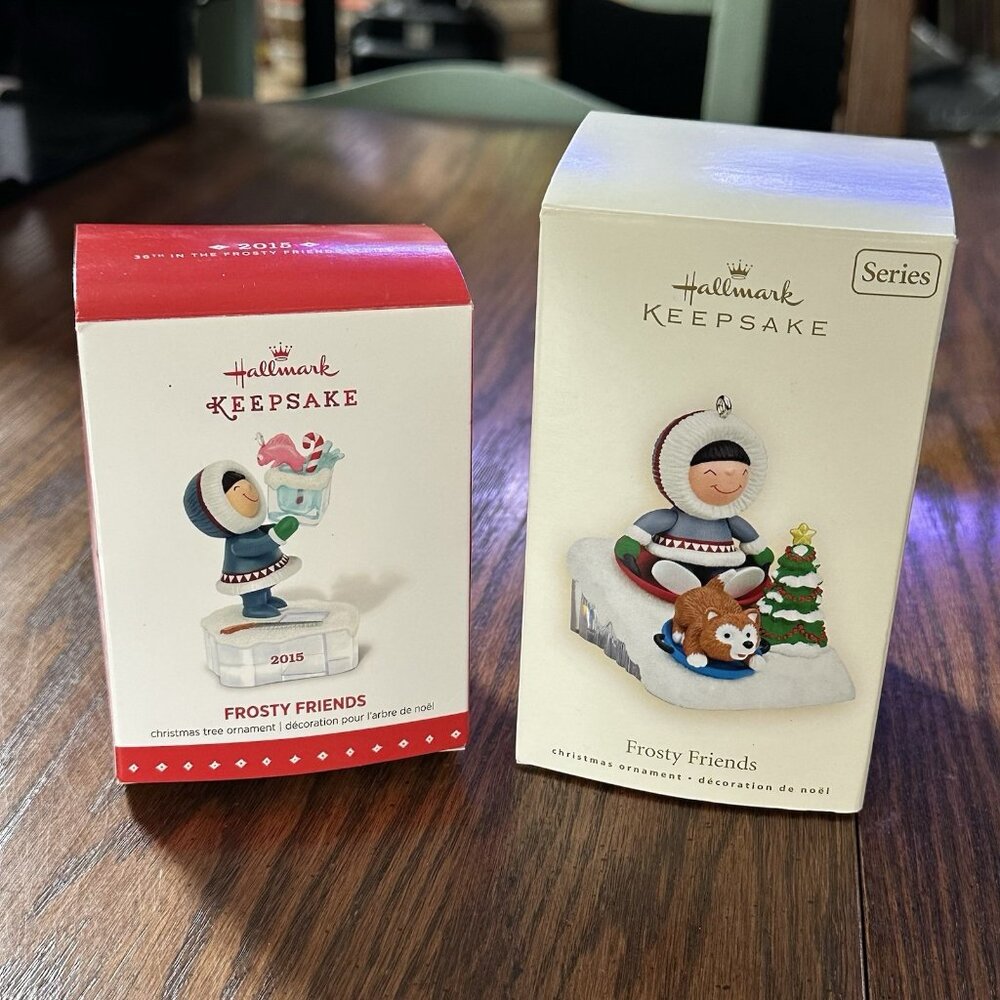 2008, 2015 Hallmark Frosty Friends 29, 36 Fish Bowl, Sledding Keepsake Ornaments